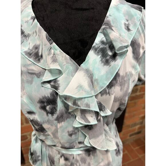 Blair Faux Wrap Dress Watercolor  aqua gray 14P Ruffles Sheer Y2K Coquette Fairy - Picture 7 of 15